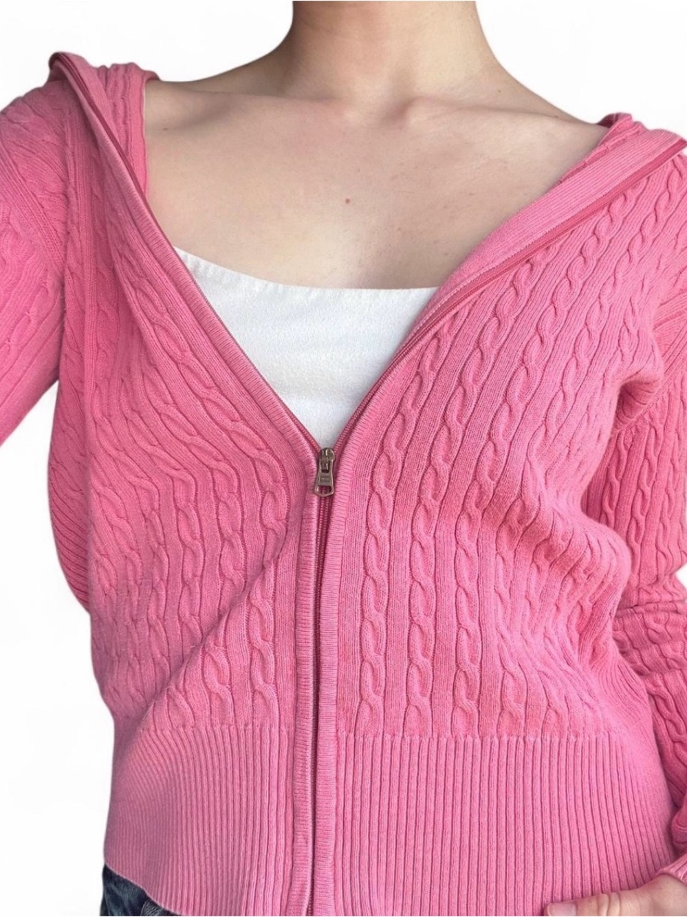 Tommy Hilfiger Pink Cable-Knit Zip Cardigan Hoodie